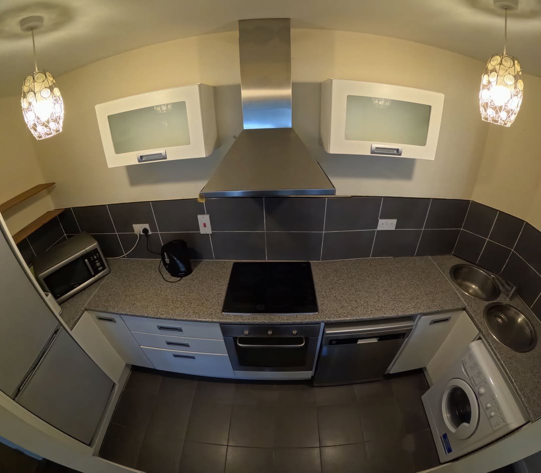 Compact kitchen with stainless steel appliances and modern design.