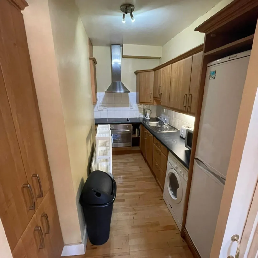 Narrow kitchen with wooden cabinets, stainless steel appliances, and a washing machine.