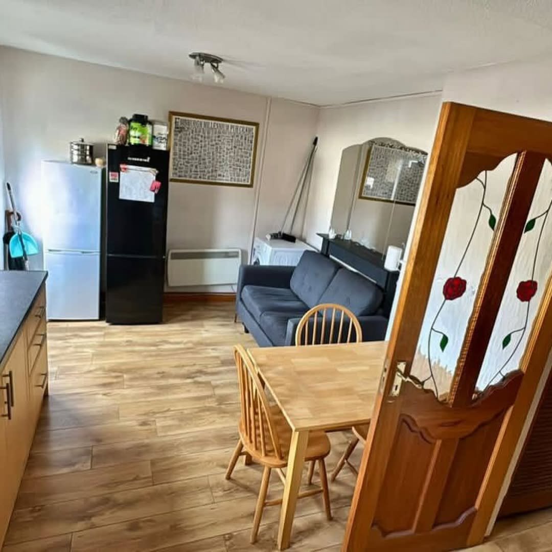 Open-plan kitchen and living area with fridge, sofa, and dining table.