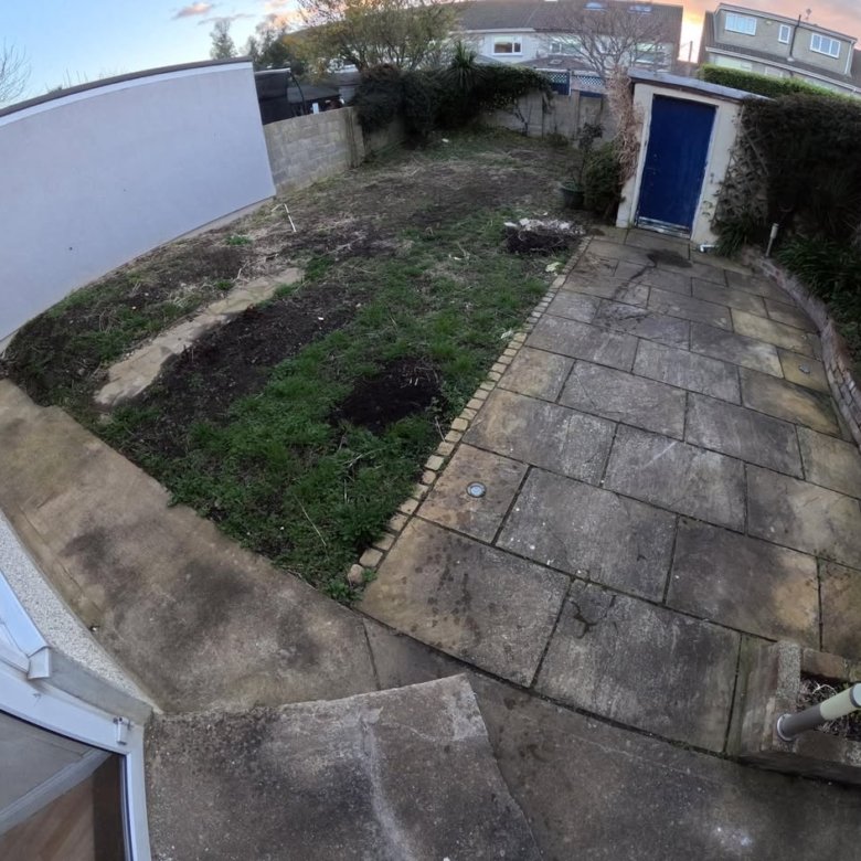 Overgrown backyard with patio, grass, and shed. Needs landscaping and maintenance.