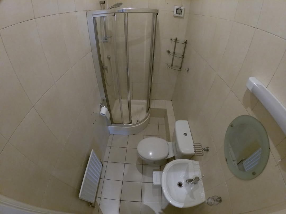 Small bathroom with shower, toilet, sink, and radiator in a compact space.