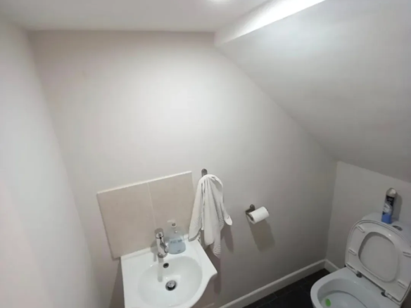 Small bathroom with toilet, sink, and angled ceiling.