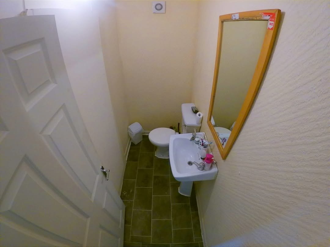 Small bathroom with toilet, sink, mirror, and white door.