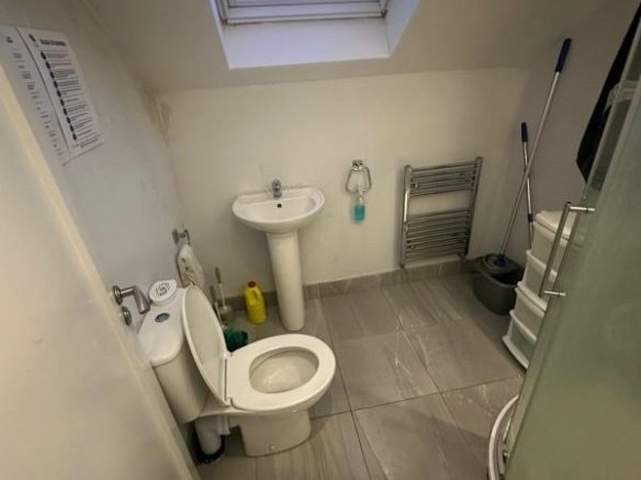 Small bathroom with toilet, sink, radiator, cleaning supplies, and skylight.
