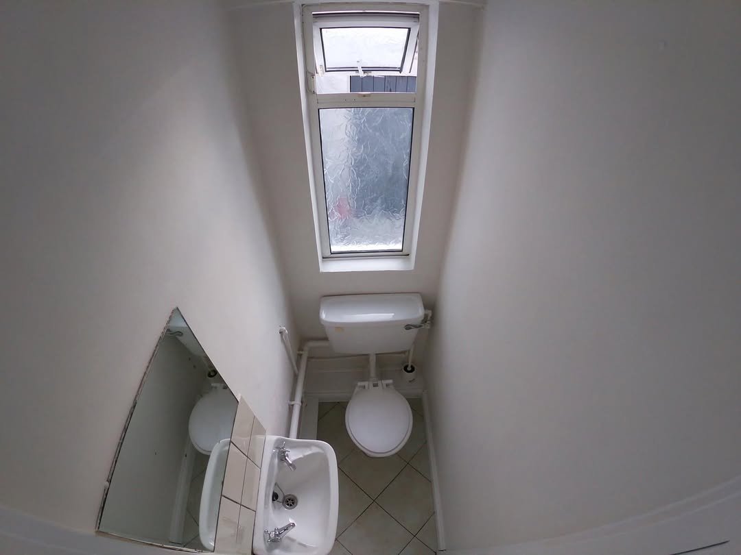 Small bathroom with toilet, sink, mirror, and a skylight window.