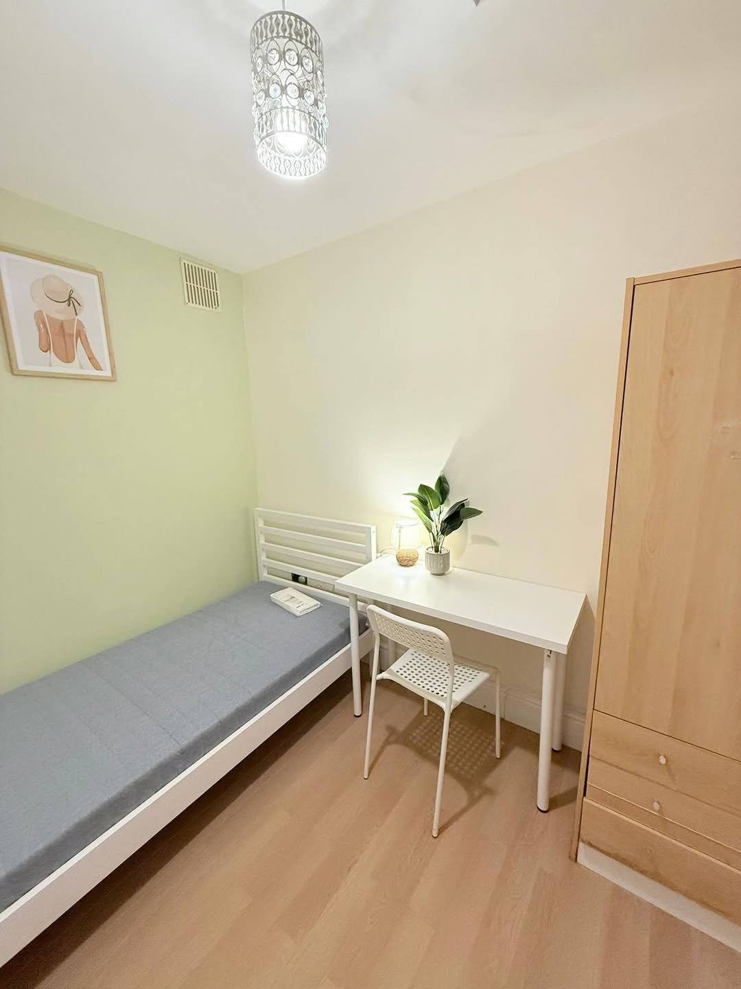 Small bedroom with single bed, desk, chair, and wardrobe. Light walls and wood floor. Plant on desk.