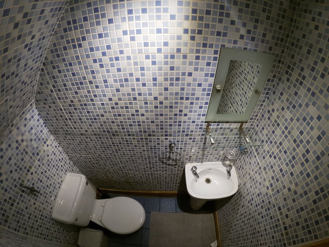 Small bathroom with blue mosaic tiles, toilet, and sink.