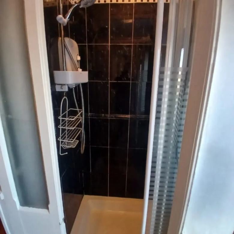 Small shower enclosure with black tile and white trim.