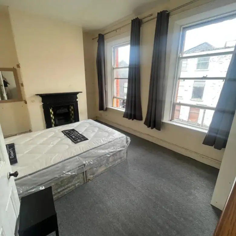 Bedroom with bed, fireplace, and two windows with grey curtains.