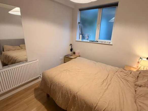 Cozy bedroom with bed, bedside table, radiator, mirror, and window.