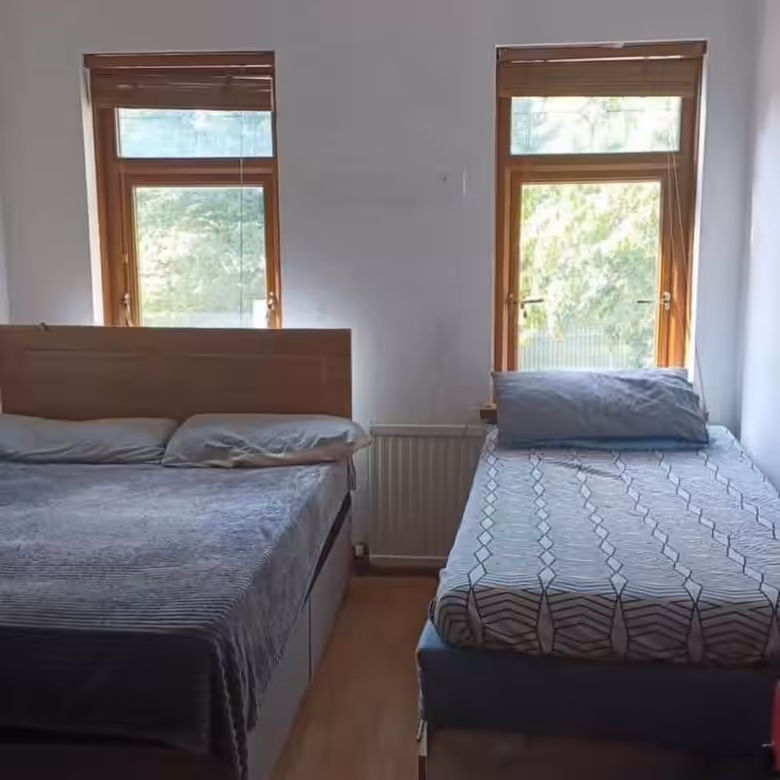 Bedroom with double bed and single bed near windows.