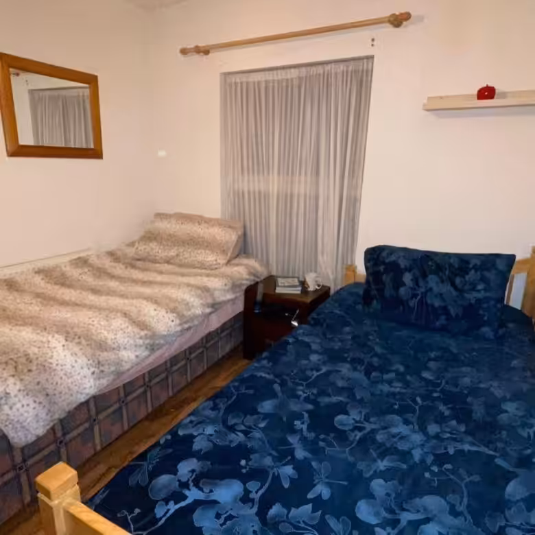 Cozy bedroom with two single beds, dark blue floral bedding, and neutral walls with a small window.