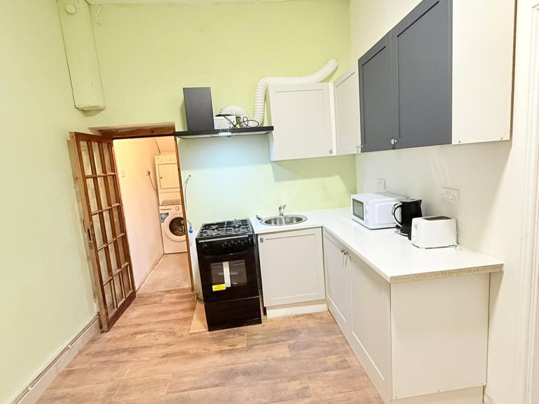 Compact kitchen with stove, microwave, and washer/dryer visible through doorway. Light green walls, wood floors.