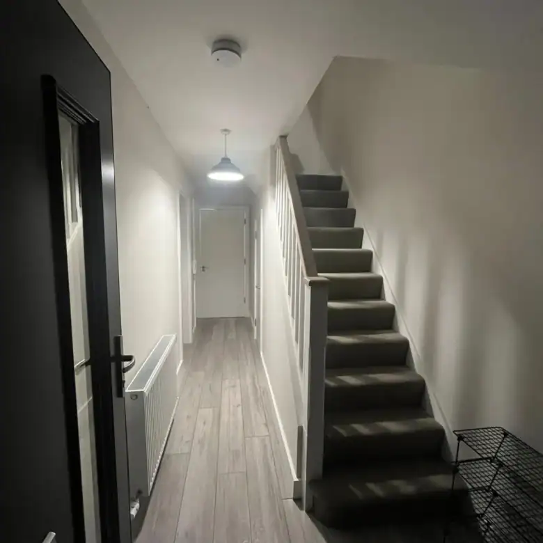 Hallway with stairs, radiator, and light wood-effect flooring.