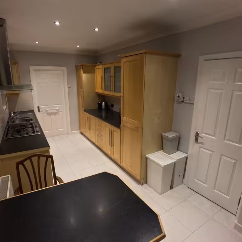 Kitchen interior with light wood cabinets, black countertops, and white doors.