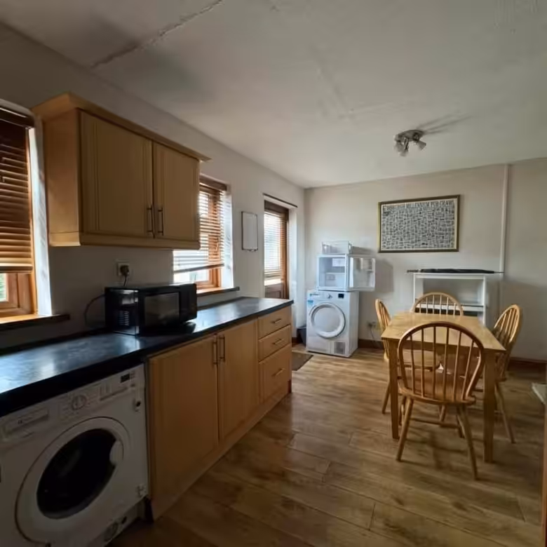 Kitchen with washing machine, dryer, wooden cabinets, and dining table.