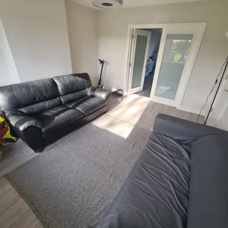 Living room with black leather sofa, gray sofa, and gray rug.