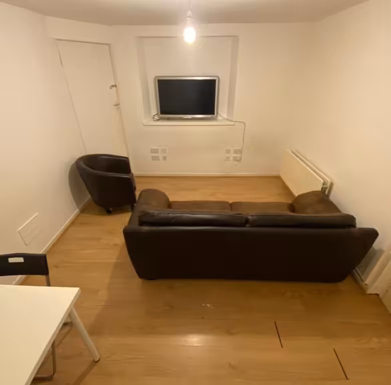 Cozy living room with brown sofa, chair, TV, and light wood floors.