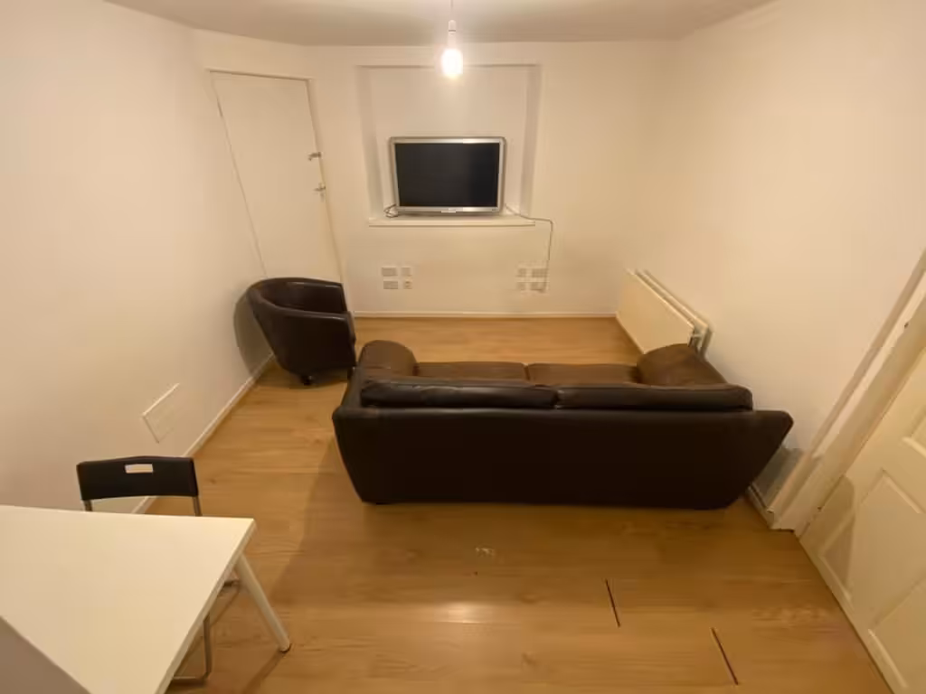 Cozy living room with brown sofa, chair, TV, and light wood floors.