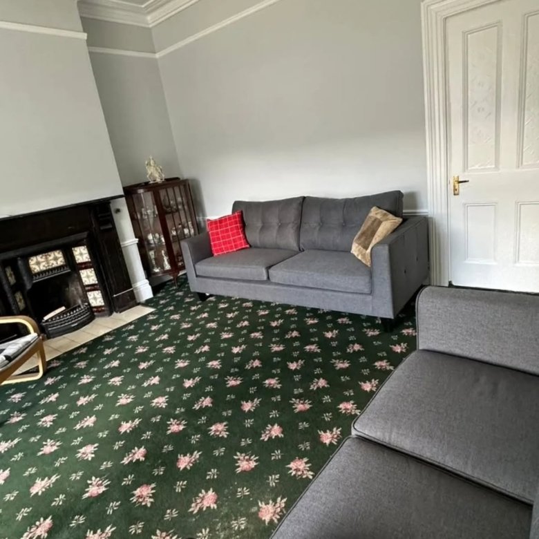 Living room with gray sofa and green floral carpet.