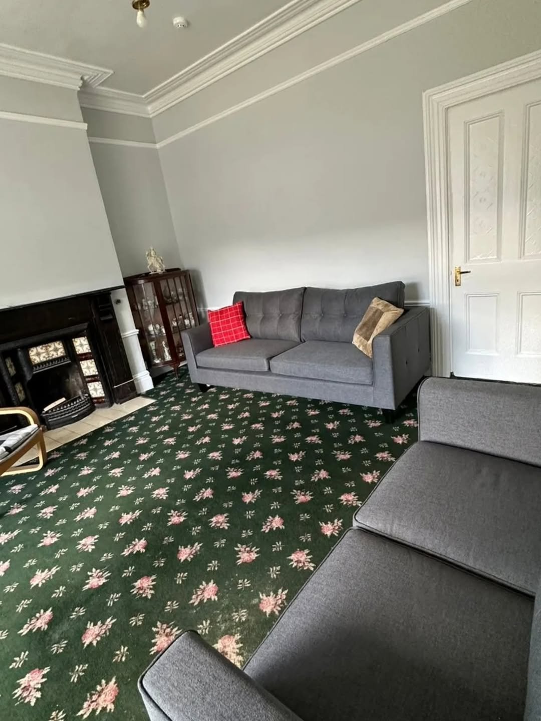 Living room with gray sofa and green floral carpet.