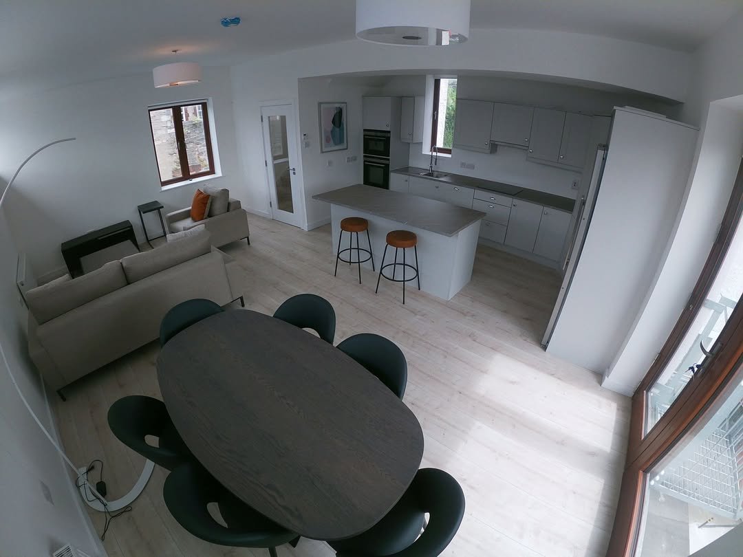 Open concept kitchen and living area with dining table and modern decor.