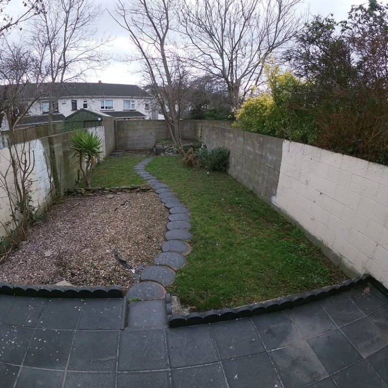 Narrow backyard with stone path, grass, and concrete walls on a cloudy day.