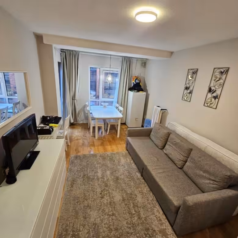 Cozy apartment living room with sofa, dining table, and TV.