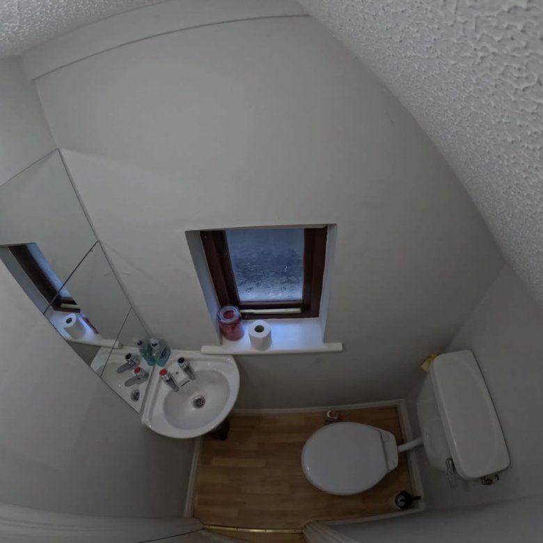 Small bathroom interior with toilet, sink, mirror, and window.