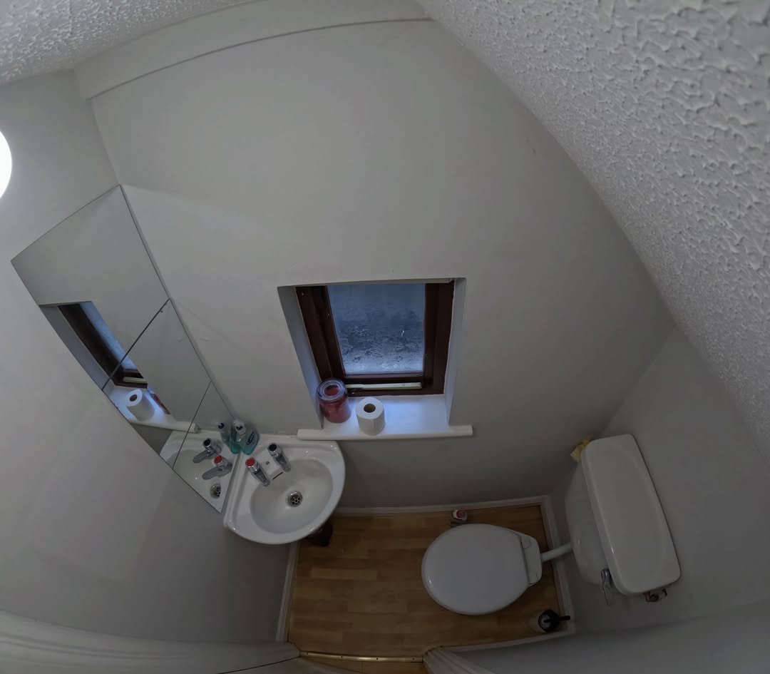 Small bathroom interior with toilet, sink, mirror, and window.
