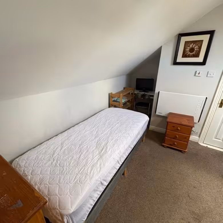Small bedroom with single bed, desk, and bedside table.