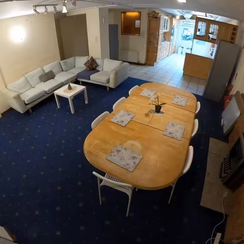 Spacious living room with blue carpet, large sectional sofa, dining table, and fireplace.