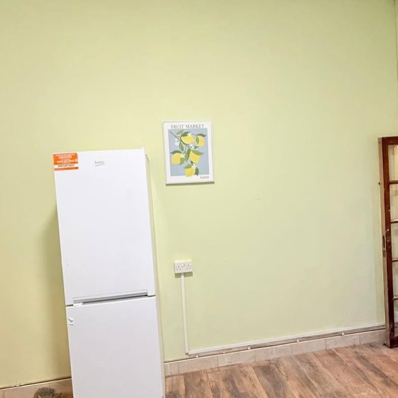 White fridge, lemon art, and glass paneled door in a room with light green walls.