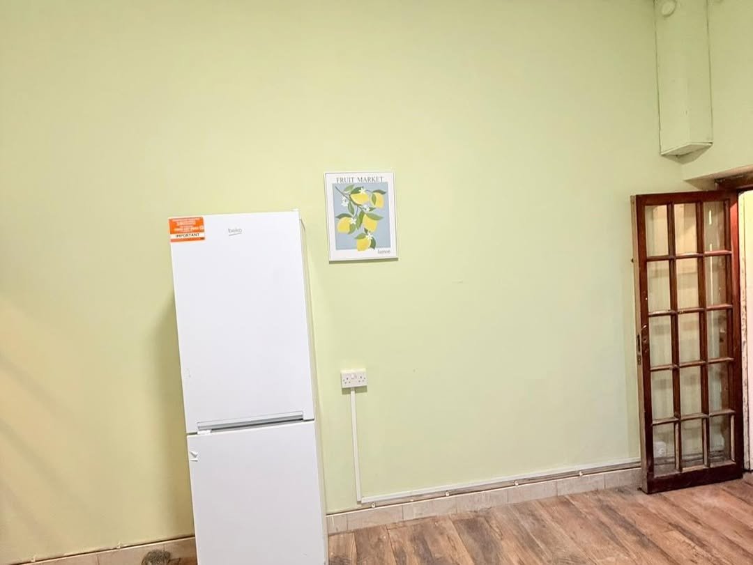 White fridge, lemon art, and glass paneled door in a room with light green walls.