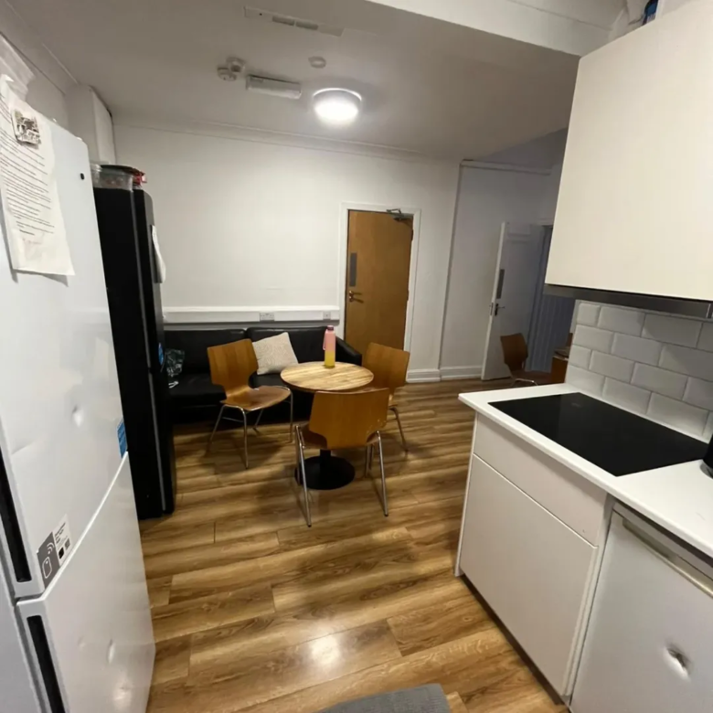 Cozy apartment kitchen and living area with table and chairs.