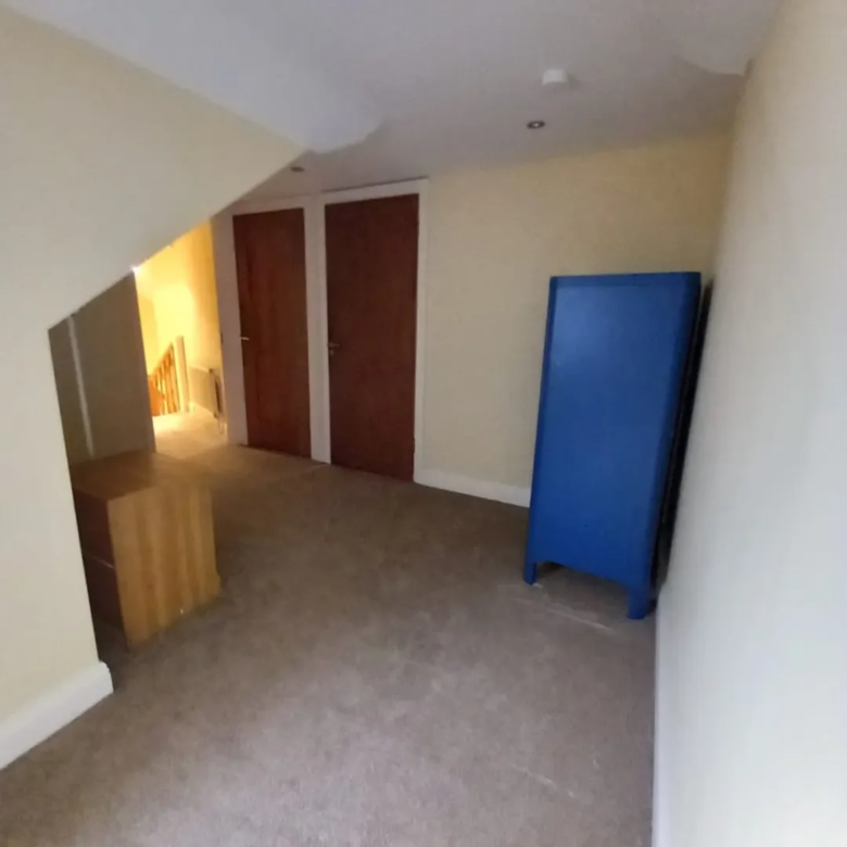 Attic room with carpet, doors, and blue folding bed.