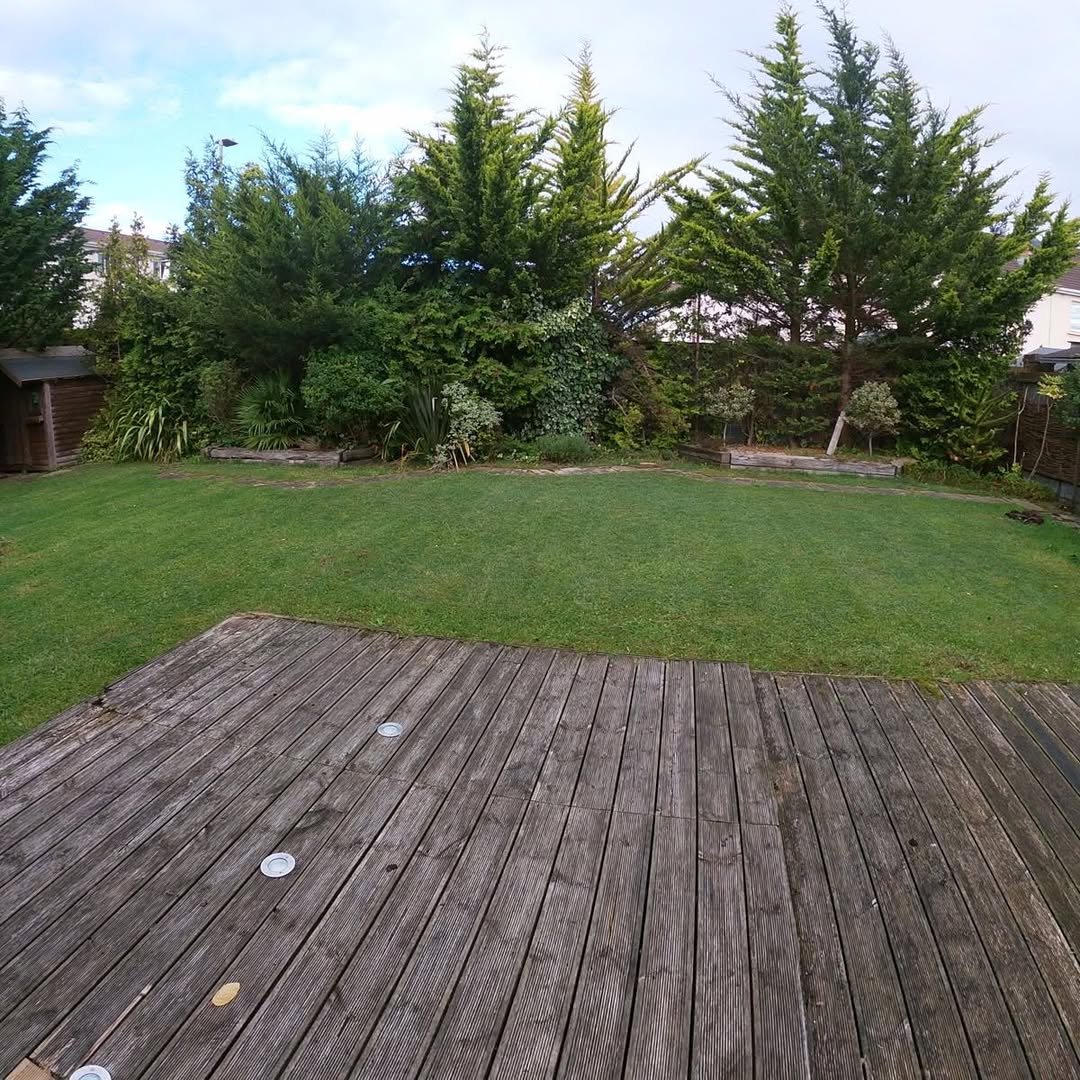 Backyard with wooden deck, green lawn, and trees in background.