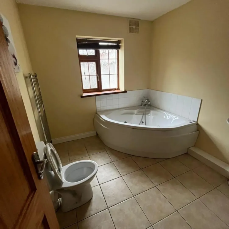 Bathroom with corner jacuzzi tub, toilet, heated towel rack, and window.