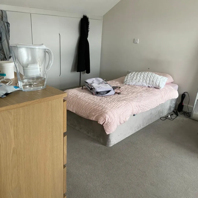Bedroom with pink bedding, gray carpet, and water filter pitcher on a dresser.