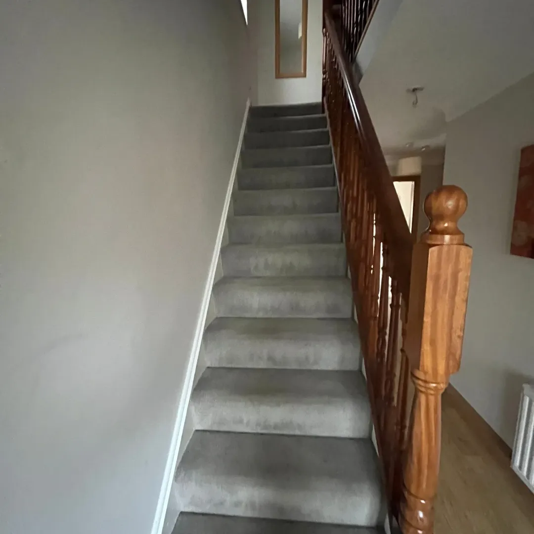 Carpeted stairs with wooden banister leading upstairs in a home.