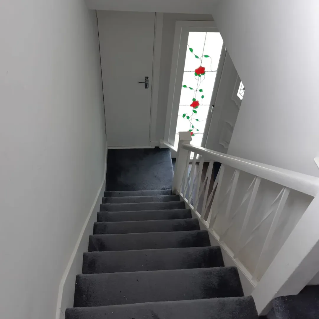 Stairway with gray carpet, white walls, and a decorative glass door panel.