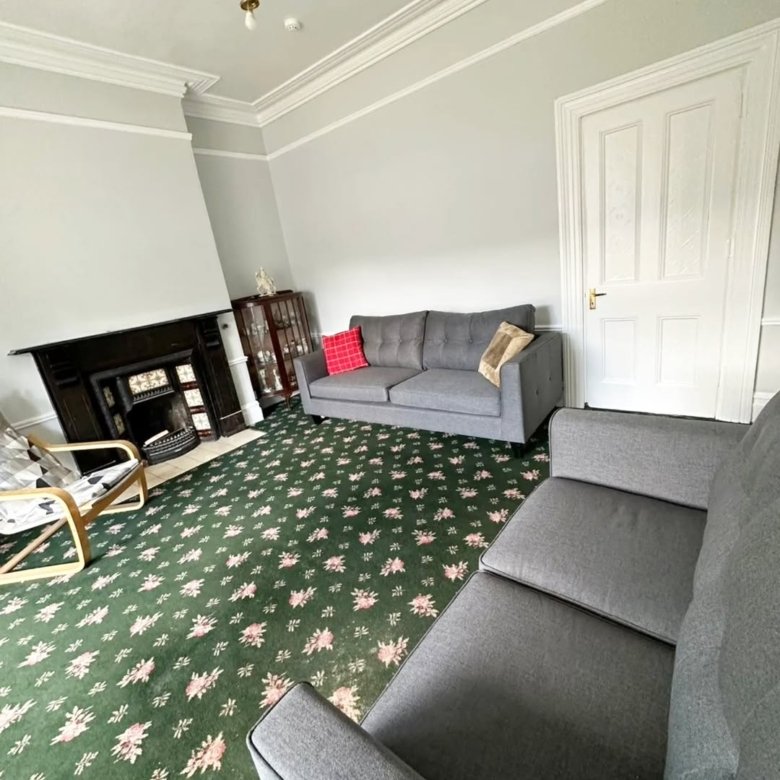 Living room with gray sofas, fireplace, green floral carpet, and white door.