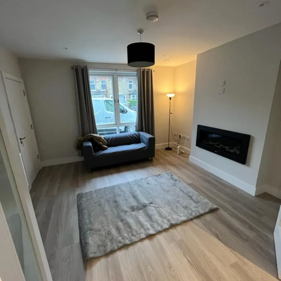 Living room with gray sofa, rug, and fireplace. Modern interior design.