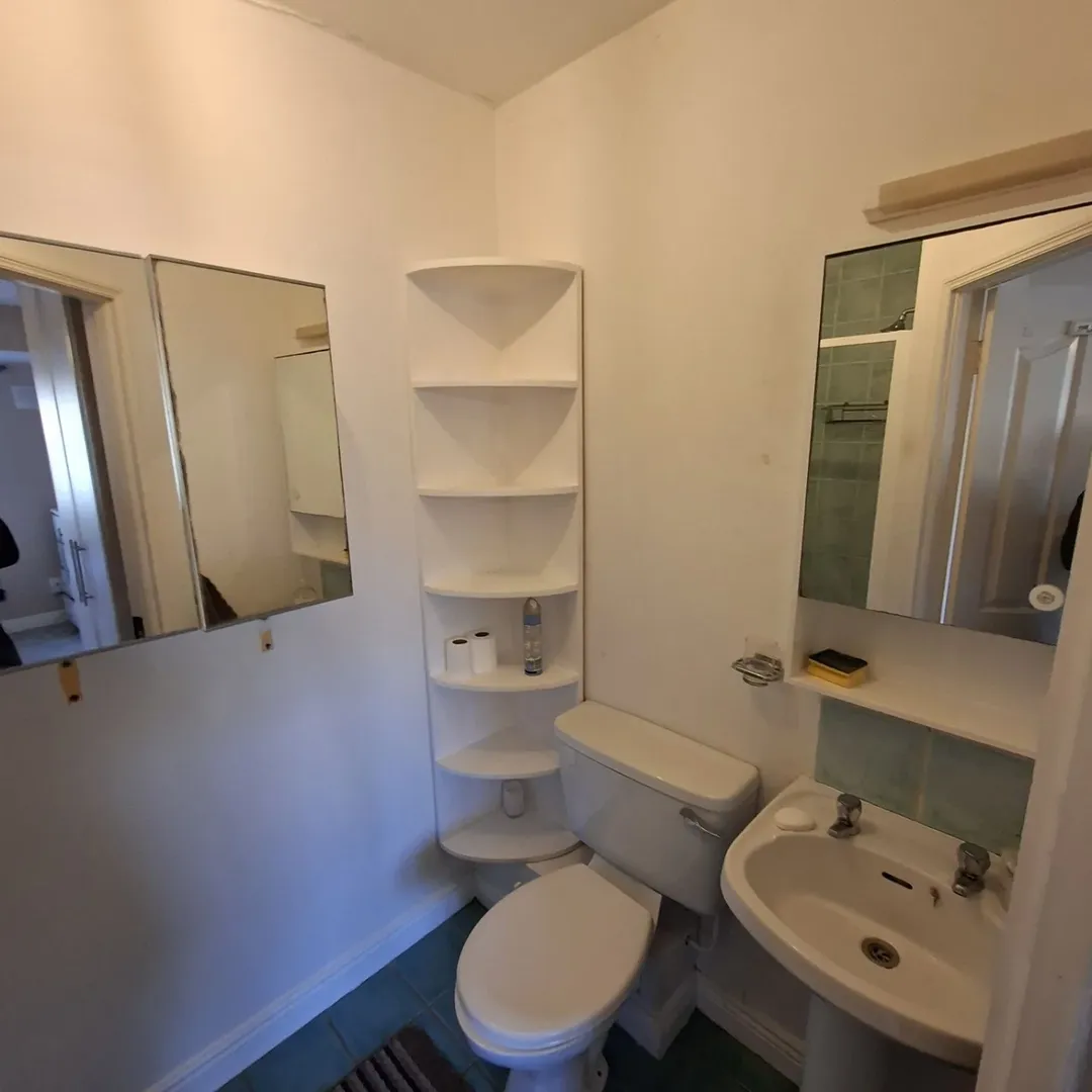 Small bathroom with toilet, sink, mirror, and corner shelf unit.