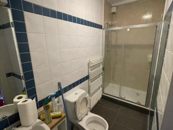 Small bathroom with toilet, sink, tiled walls, and shower enclosure.
