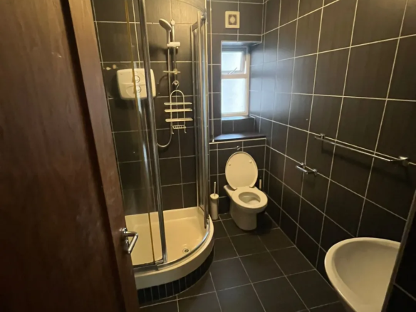 Small, dark bathroom with shower, toilet, and sink against dark tiled walls.