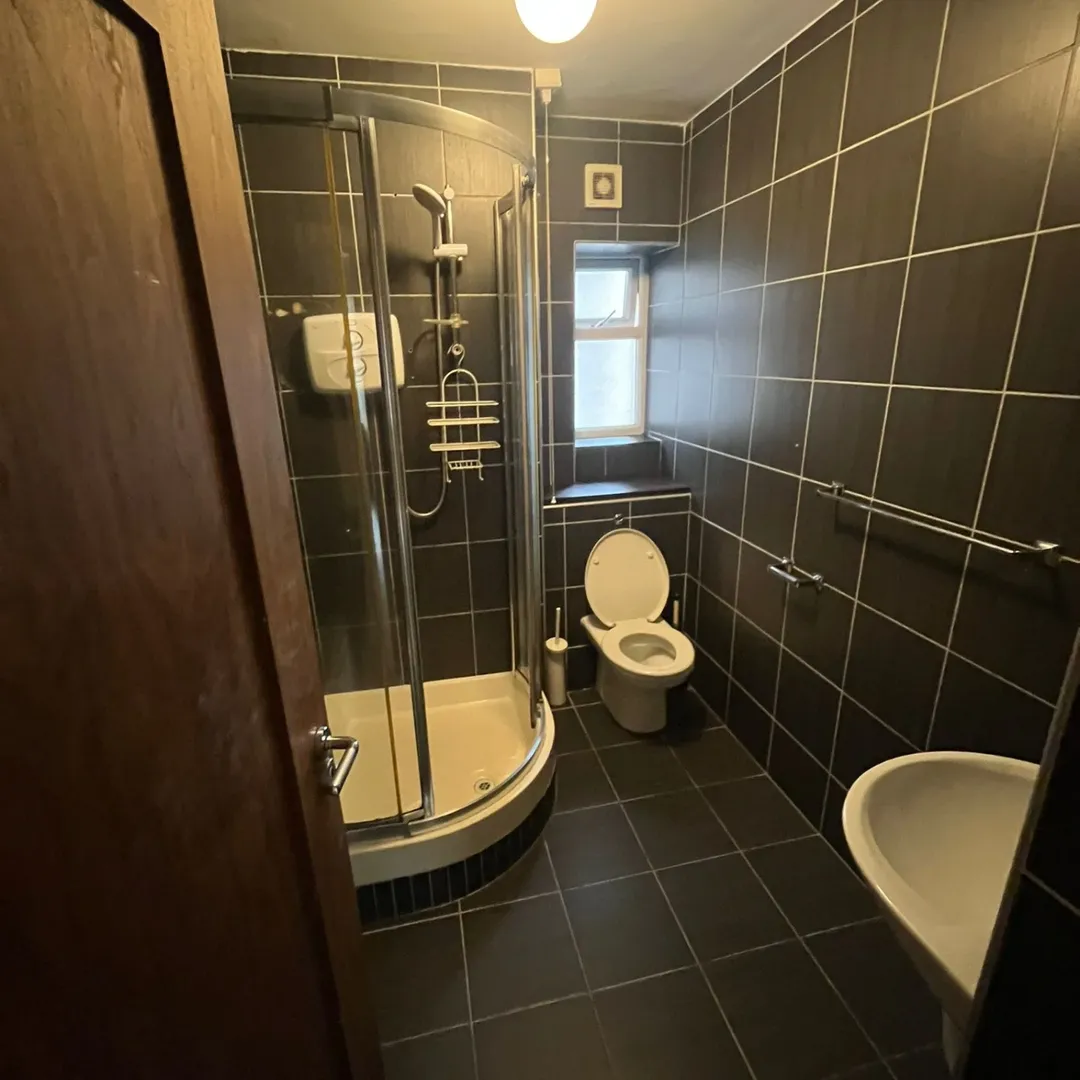 Small, dark bathroom with shower, toilet, and sink against dark tiled walls.