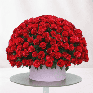 Elegant bouquet of red roses in a luxurious white box for special occasions.