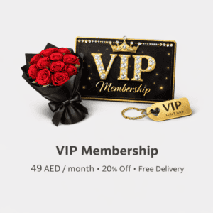 Elegant VIP membership sign with a bouquet of red roses and a VIP keychain.