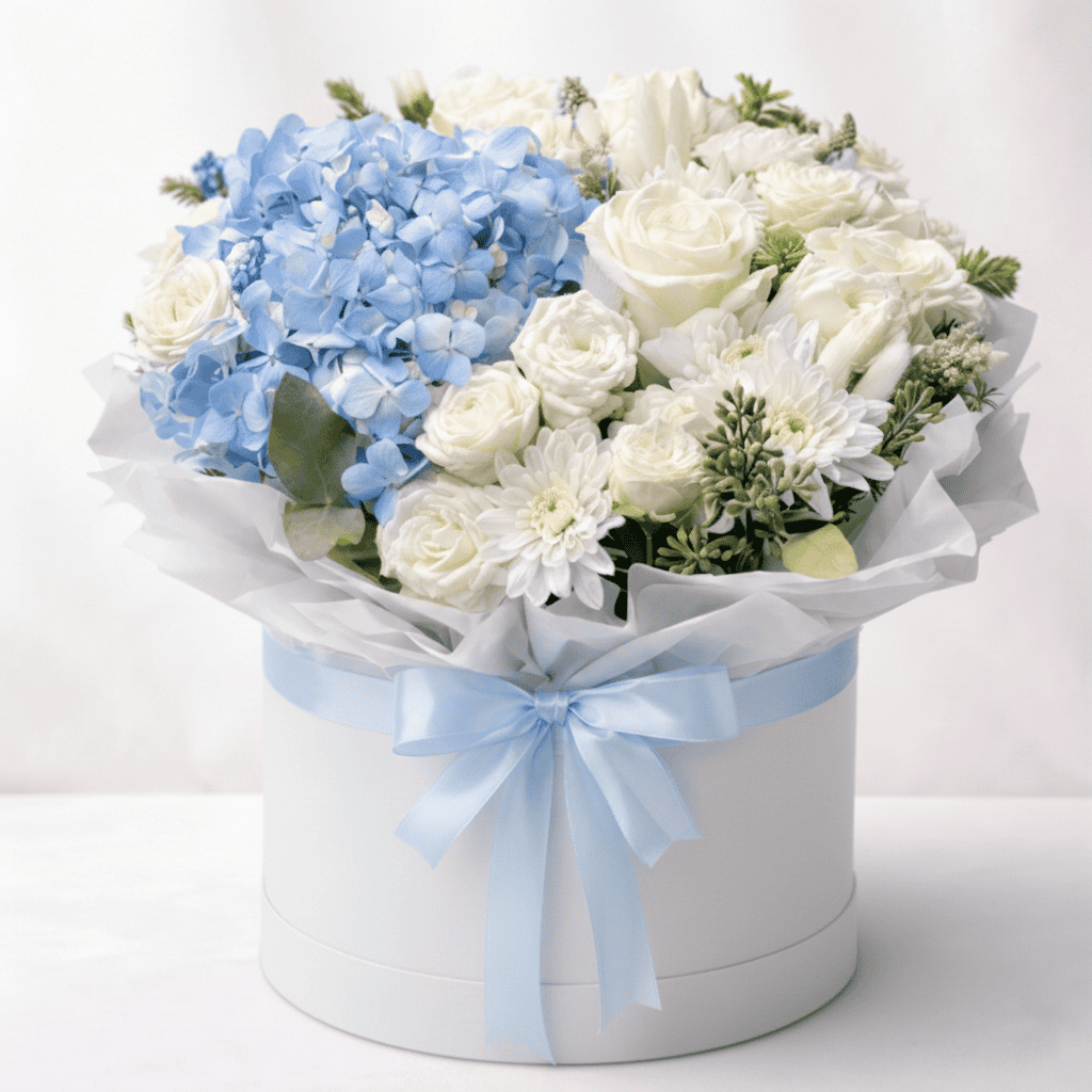 Beautiful hydrangeas and roses in a white gift box with a blue ribbon.